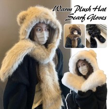 Women's Warm Plush Bear Hat Scarf Gloves Set Winter Keep Warm