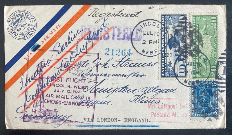 1928 Lincoln NB USA First Continental Flight Airmail Cover To Kempten Germany