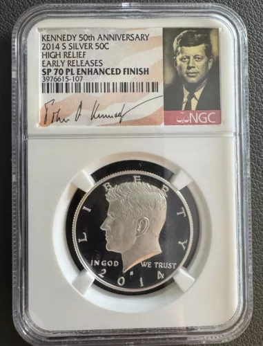 2014-S Kennedy Enhanced Finish Silver Half Dollar High Relief NGC SP70 PL ER