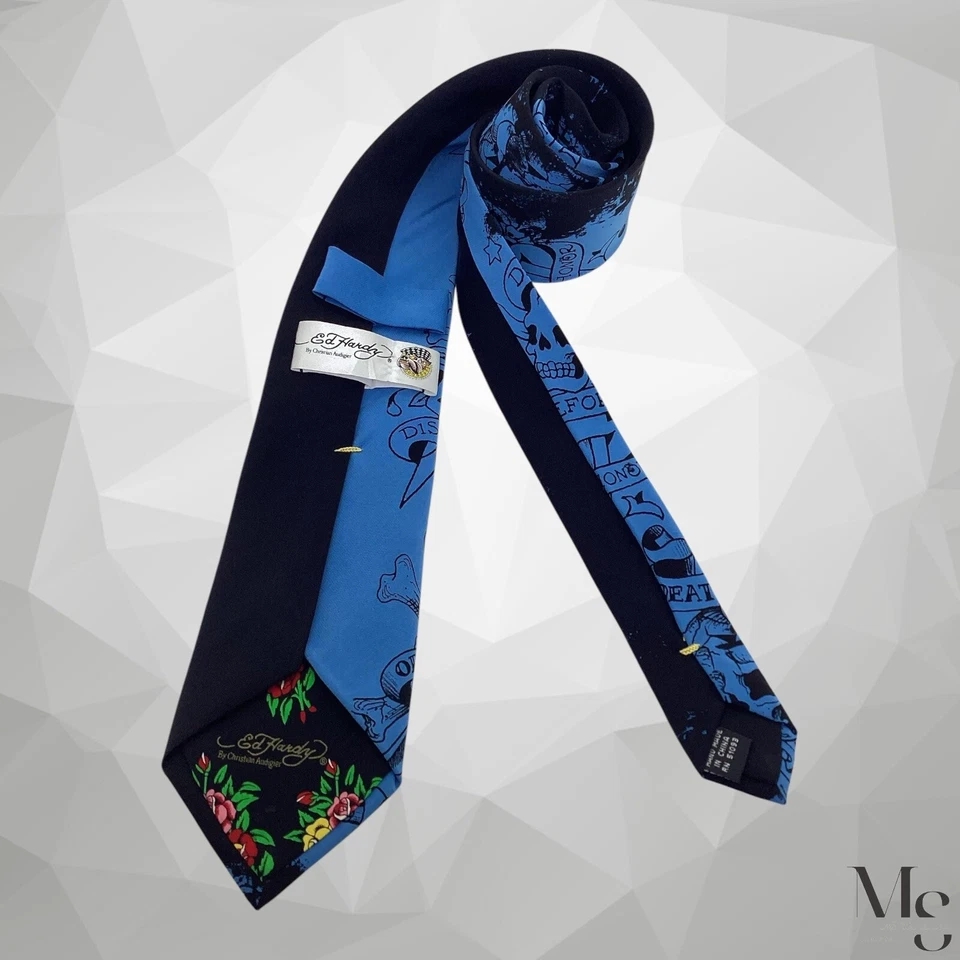 Corbata de seda con estampado de calaveras de amor negra y azul ED HARDY BY CHRISTIAN AUDIGIER con: 3" E C Foto 2 de 4
