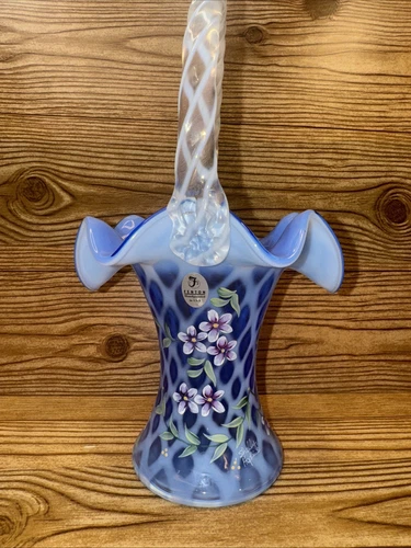 Fenton New Century Blue Opalescent Art Glass Handled Basket HP Artist Signed