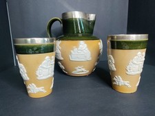 Atq ROYAL DOULTON LAMBETH Stoneware Relief  Pitcher Jug And 2 Cups W/ Silver Lip
