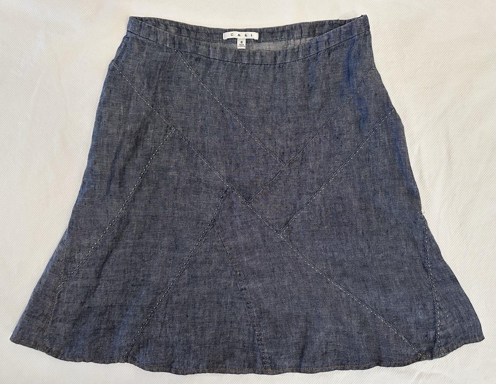 Cabi Skirt 100%  Linen Size8 Chambray Patchwork Stitch A-line Flare Western Boho