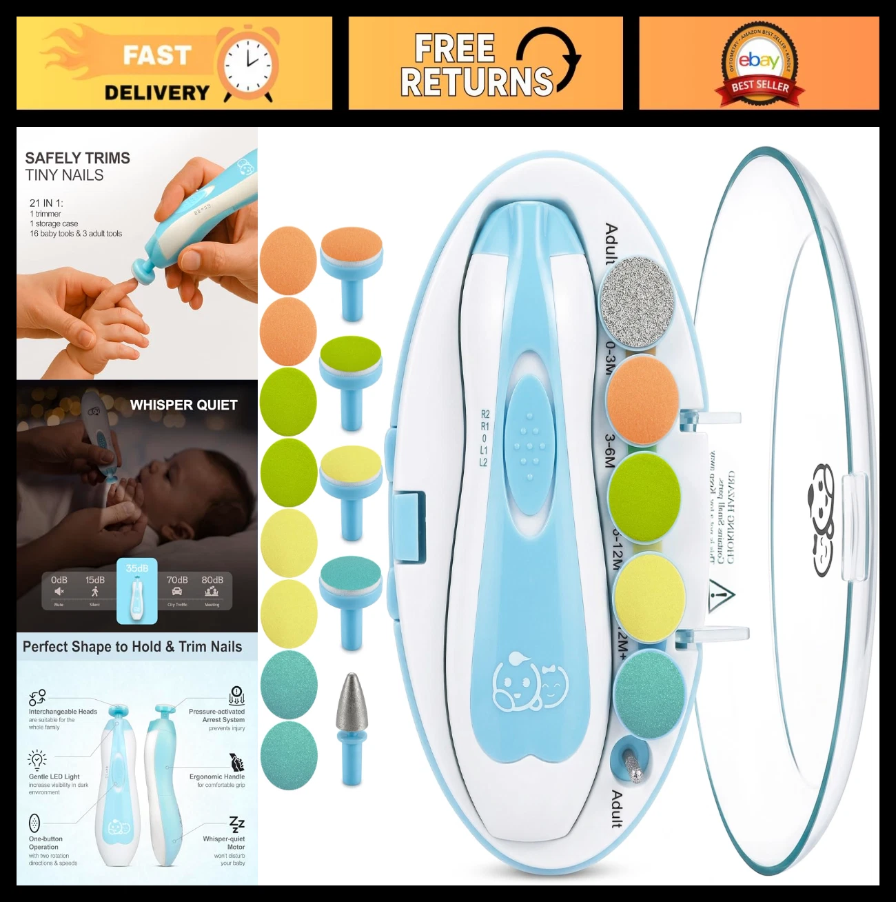 21-in-1 Baby Nail Trimmer Kit - Electric Nail File, 13 Extra Pads, LED Light, Qu