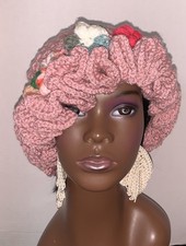 Crochet Blush Pink 3 D Flowers Ruffle Hat Adult