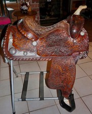 15.5” Hand Tooled Cleburne Show Reining Trail Saddle Forward Stirrups