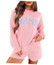 Womens Ribbed Pajama Sets Long Sleeve Top and Shorts Matching Medium Pink Mama