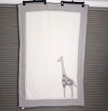 Pottery Barn Kids Crib Quilt Giraffe White Grey Trim 35.25" x 53" Stripe Reverse