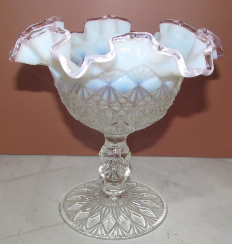 Fenton Clear to White Blue Opalescent Art Glass Ruffled Rim 6" Candy Nut Bowl