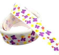 3 yards 7/8" Butterflies and Flowers on White Grosgrain Ribbon 100 polyester