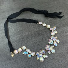 J CREW AB Crystal Rhinestone Floral Cluster Necklace Black Ribbon Tie