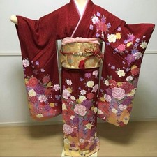 Red Furisode Kimono Set for Coming-of-Age Ceremony with Accessories Used