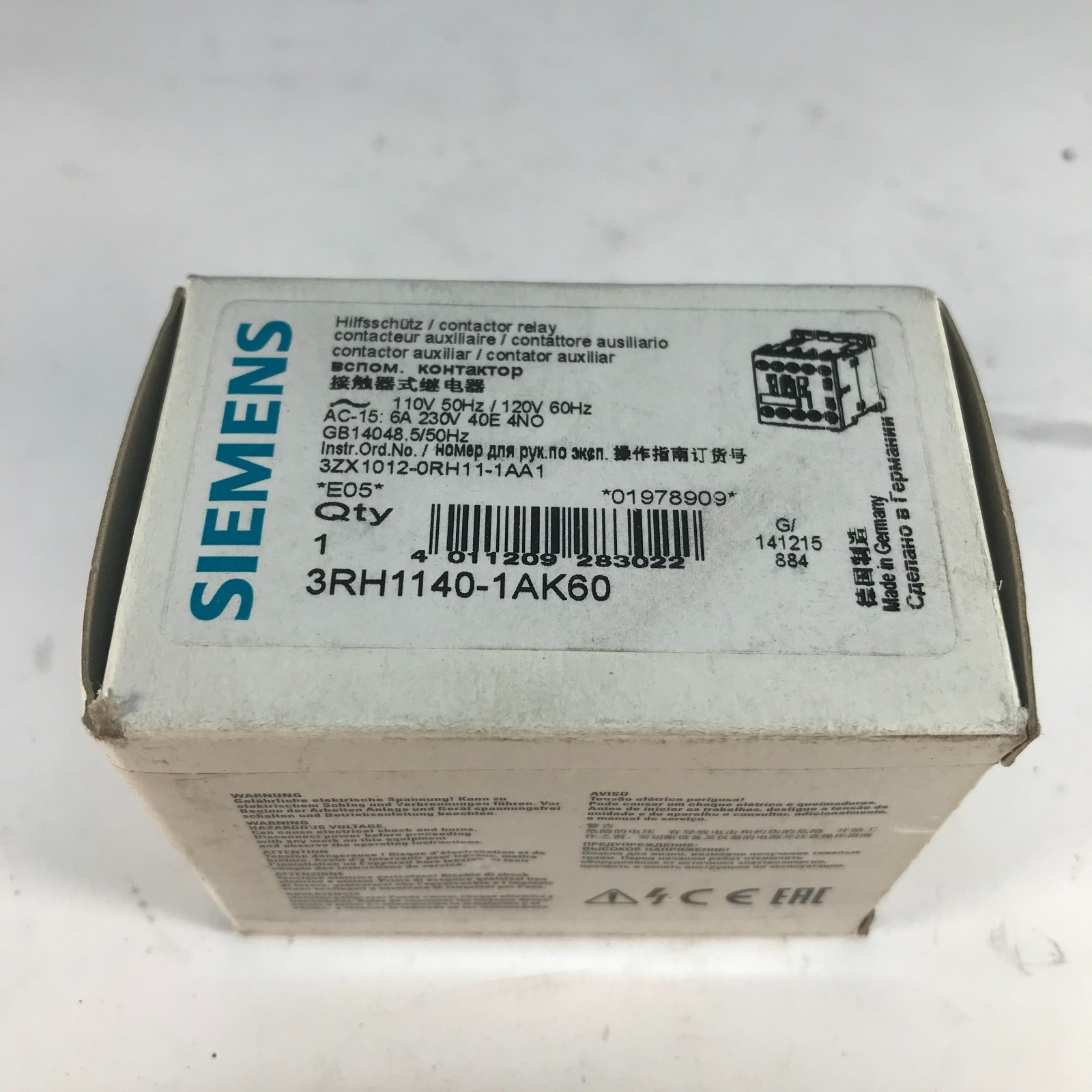 Siemens 3RH1140-1AK60 Contactor Relay 4NO 120VAC Coil - New in Box