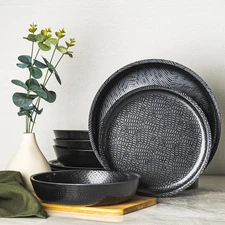 12 Piece Melamine Dinnerware Set - Durable, Dishwasher Safe Black Plates and ...