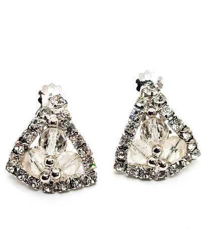 Trillium beaded triangle and clear rhinestone vintage cluster clip on earrings m