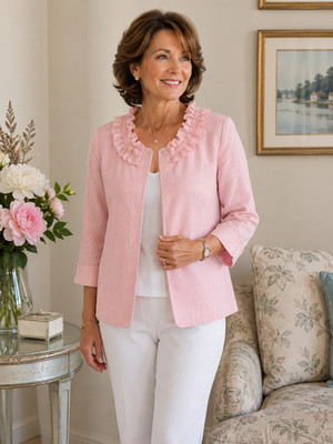 Trenz Petite by Theresa Renz Pink Linen Blend Ruffle Jacket Women PL Lined NWT
