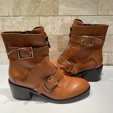 Donald Pliner Dusten Tan Leather Moto Ankle Boots Buckle Block Heel Womens 7M