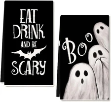 ARKENY Ghost Halloween Kitchen Towels Set of 2,Black Bat Boo Dish Towels 18X26 I