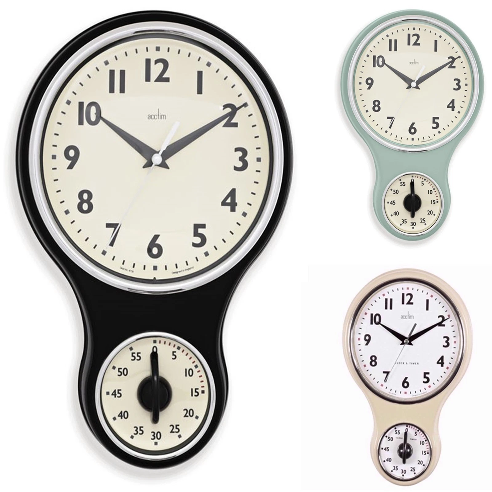Acctim Kitchen Time Wall Clock Timer Quartz Retro Style Domed Glass Colours 20cm