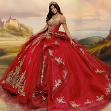Red Ball Gown Quinceanera Dress Bow Lace Applique Beading Tiered Sweet 16