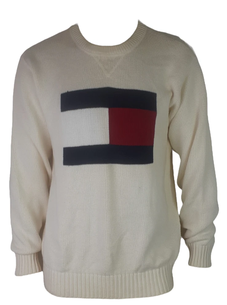 Hilfiger Men&#039;s Cream Classic Big Flag Logo Knit Pullover Sweater Small |