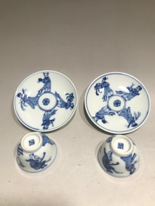Chinese Porcelain Set of Four Ceramic Tea Cup & Plate with Signature