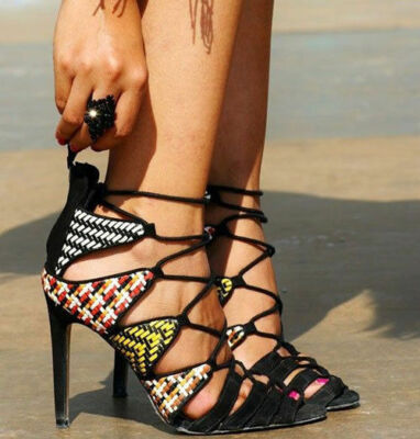 NEW ZARA BLACK MULTICOLOR WOVEN LACE UP STRAPPY ANKLE BOOT SANDAL SHOE ALL  SIZES