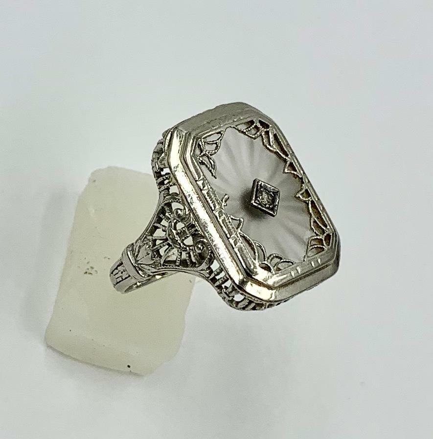 Bague Art Déco - Or Blanc 14K Avec Diamant & Cristal De Roche Givré / Verre Camphré - Taille 7