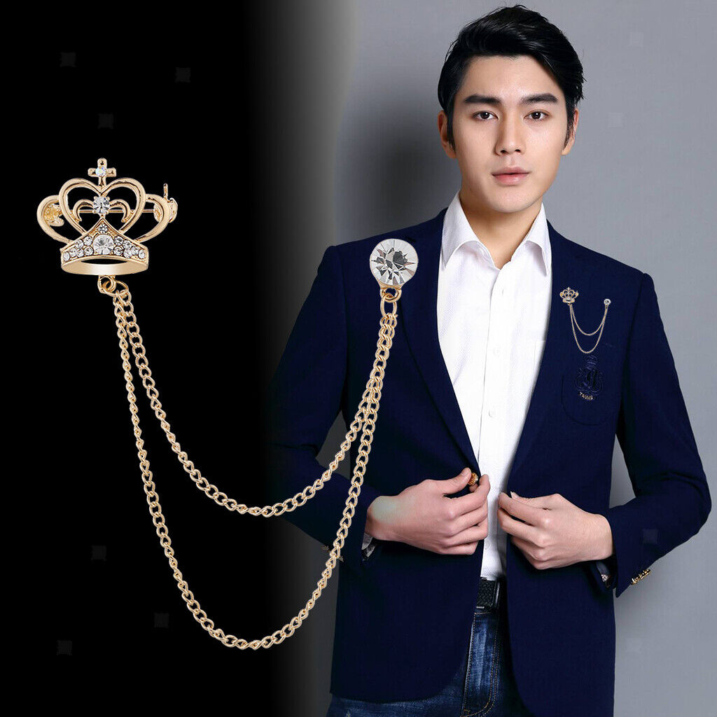 Mens Fashion Crown with Tassel Chain Pin Brooch Lapel Pins Suit