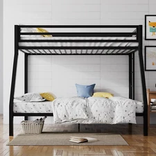 Heavy Duty Metal Bunk Bed Frame Twin Over Full Size with Removable Stairs, Black