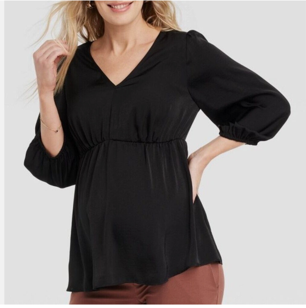 maternity black dress shirt Elbow Sleeve Woven Back Cut Out Maternity And Beyond Shirt