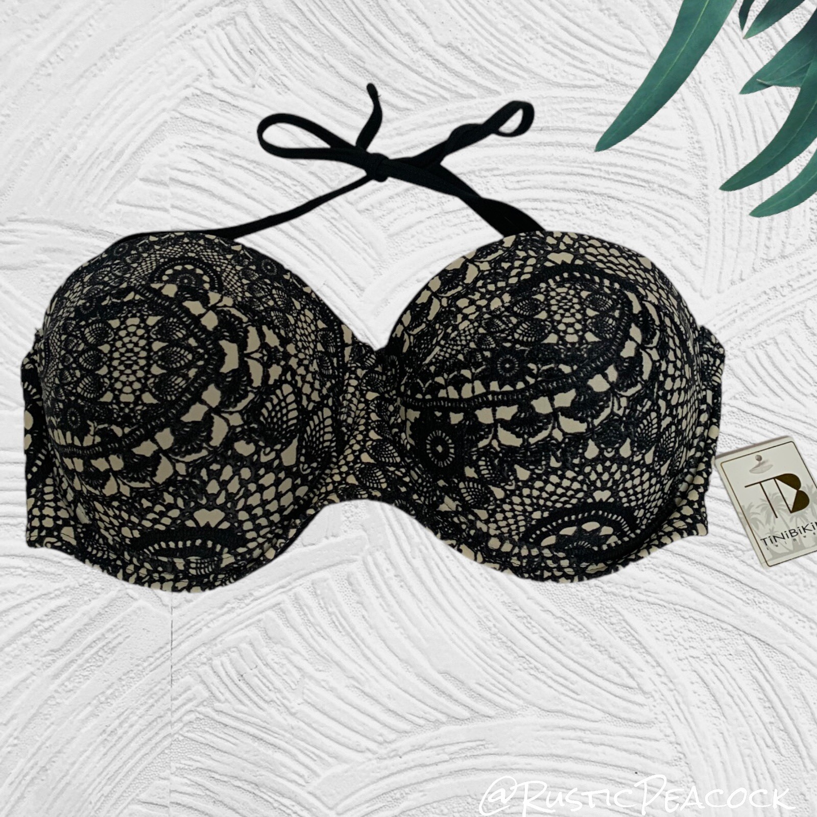 TiniBikini Halter Bikini Swim Top Womens Large Black Tan Boho Motif Abstract