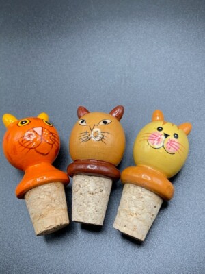 Cat Wine Bottle Stoppers -Handpainted Wood  with Cork Set of 3