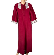 Vanity Fair Vintage Robe Velour House Coat Sz S Small Red Lace Details HALF Zip