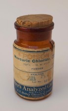 Antique Late 1800s Amber Mercuric Chloride Empty Glass Bottle w/Cork