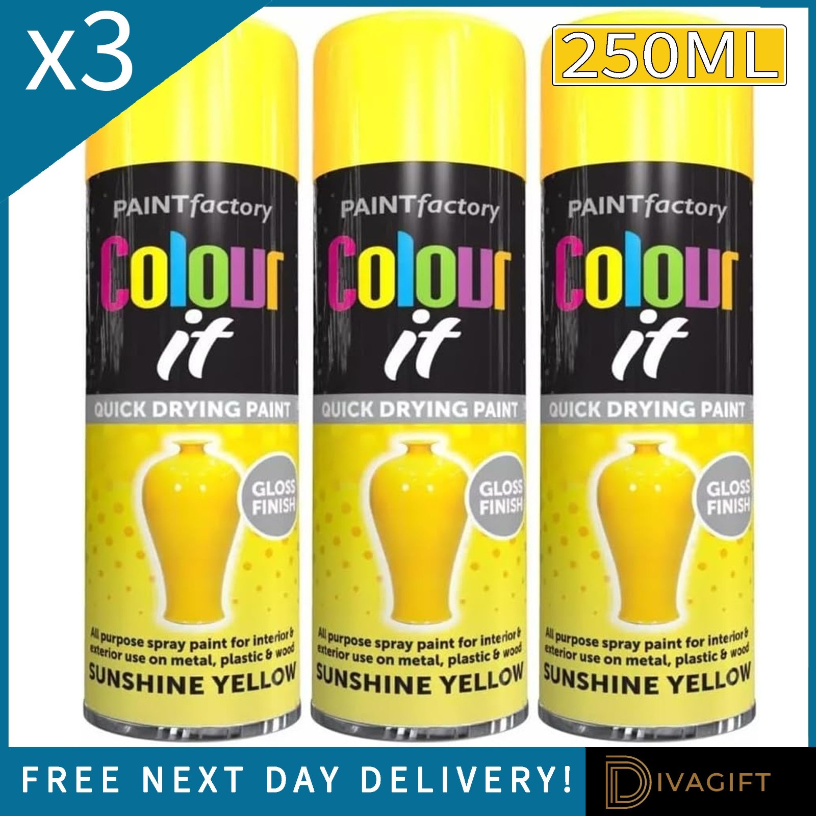 3 x SUNSHINE YELLOW GLOSS FINISH SPRAY PAINT 250ML FOR METAL PLASTIC WOOD NEW