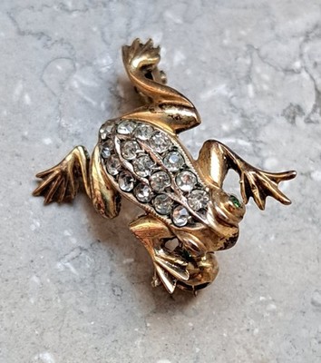 Vintage 835 Silver Frog Brooch Rhinestones Green Eyes Art Deco Style