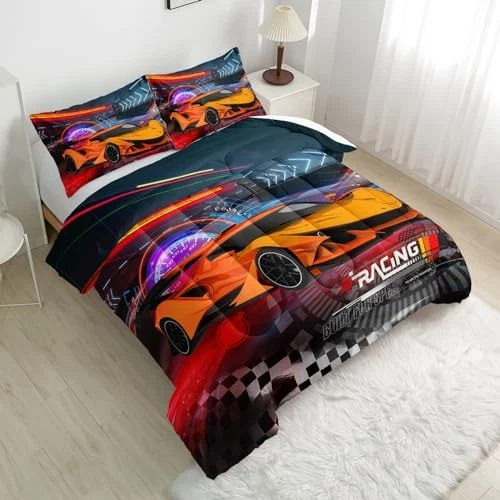 Racing Cars Comforter Sets,Bedding Sets for Kids,Sports Queen Orange Racing Car Foto 4 de 4