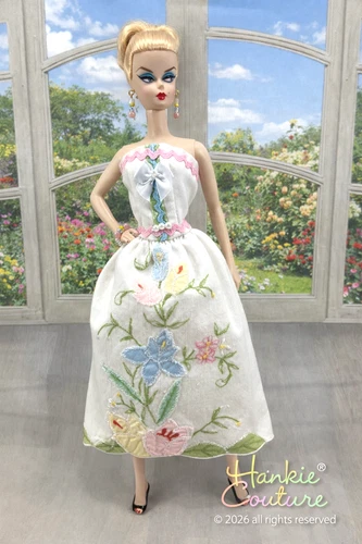FITS BARBIE SILKSTONE VINTAGE LINEN FLORAL APPLIQUE DOLL DRESS by HANKIE COUTURE