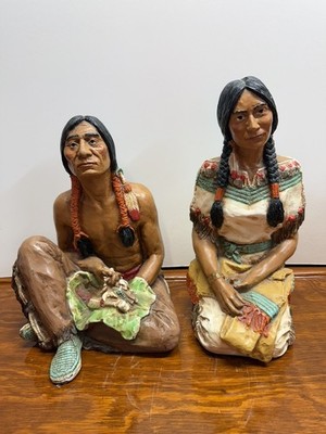 1985 Universal Statuary Pair of Native American Statues Hand Painted 423/424