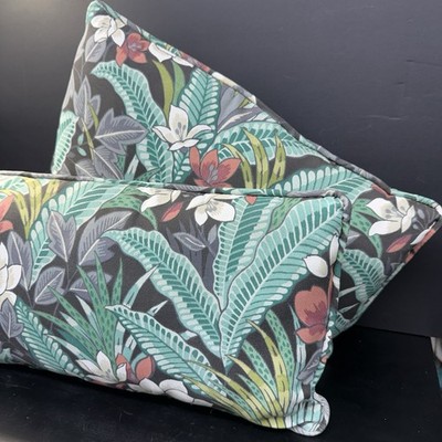 Set of Two Rain Forest Designer Fabric Pillows 19x10  Fern and Tropical Flowers
