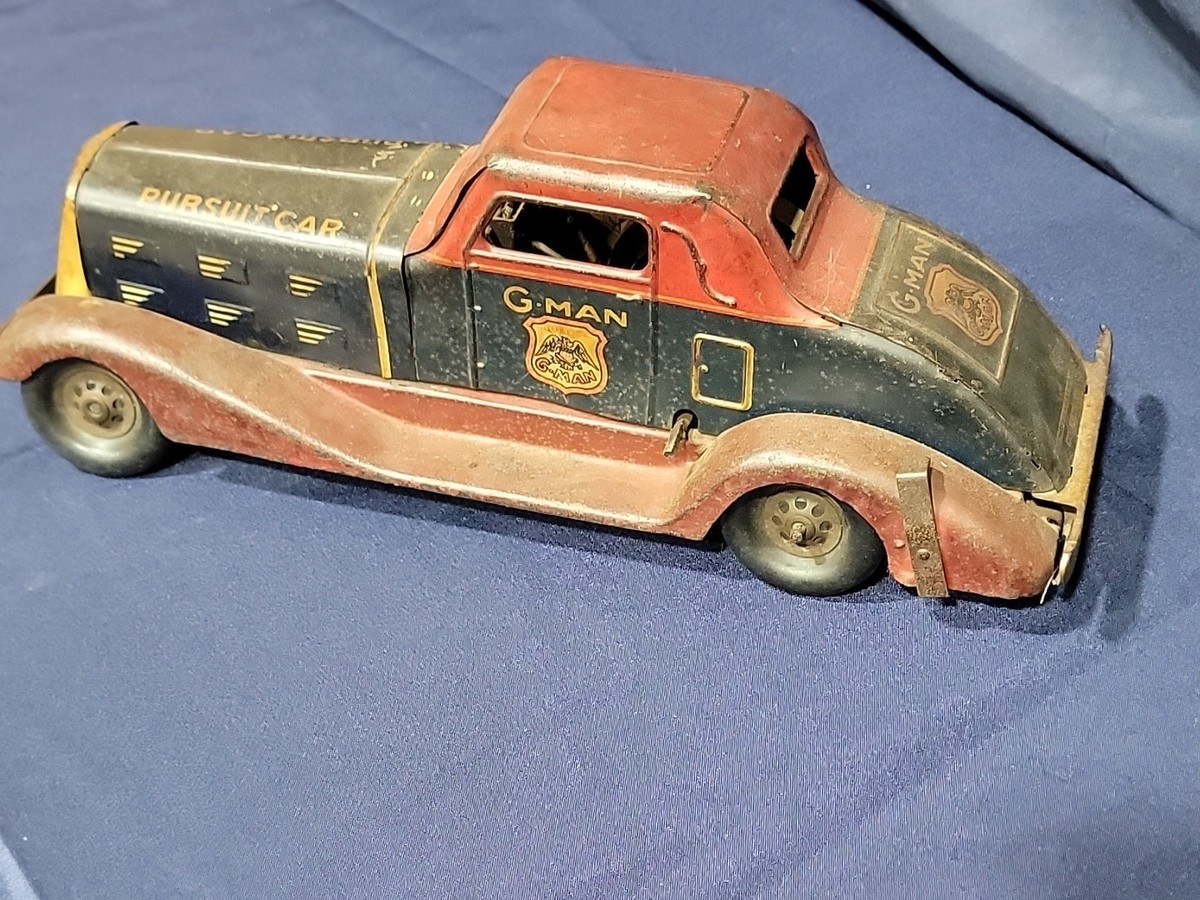 VINTAGE 1930s Louis Marx Tin Windup G-Man Pursuit Car Working
