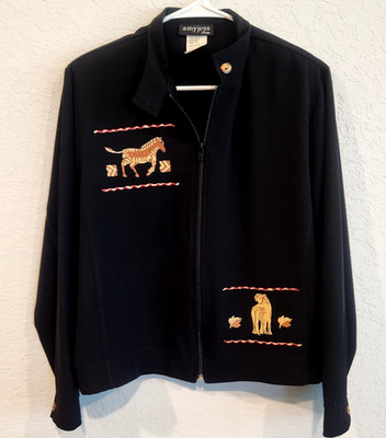 Vintage Amy Jess Petite Jacket Small Black Embroidered Animals Zebra Lion USA...