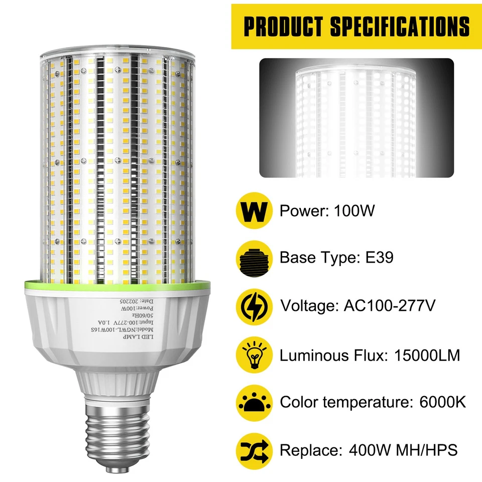 100 Watt LED Corn Light Bulb AC110-277V,15000lm E39 Mogul Base 6000K Cool White - Image 2 of 4