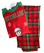 Elf On The Shelf Boys Medium Christmas Pajamas Plaid Bottons Sitting Elf Shirt
