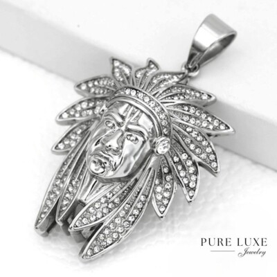 Men's Stainless Steel,Indians 45mm Cubic Zirconia Pendant High Polish*BOX