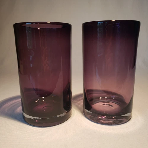 Hand Blown Art Glass Tumblers Vase Candle Holders Purple Amethyst 5.75" Set of 2