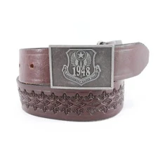 Raiders Jeans Leather Belt Mens 28 Brown Tooled Goodies USA 1948 Buckle Pewter