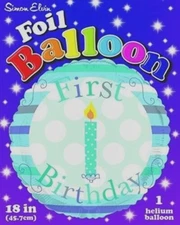 1 1st First Birthday Blue Boy Cute Candle Simon Elvin Foil Balloon 18"