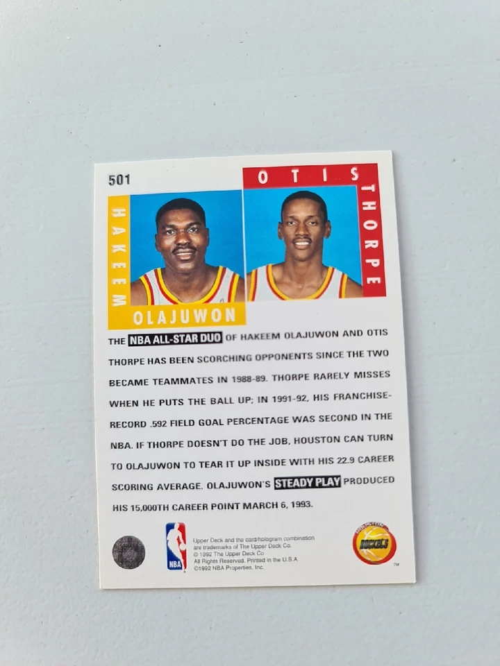 1992-93 NBA Upper Deck Hakeem Olajuwon & Otis Thorpe #501 🔥 Scoring Threats - Image 2 of 3